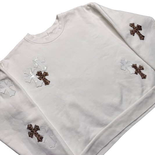 Chrome Hearts White & Leopard Cross Patch Crewneck