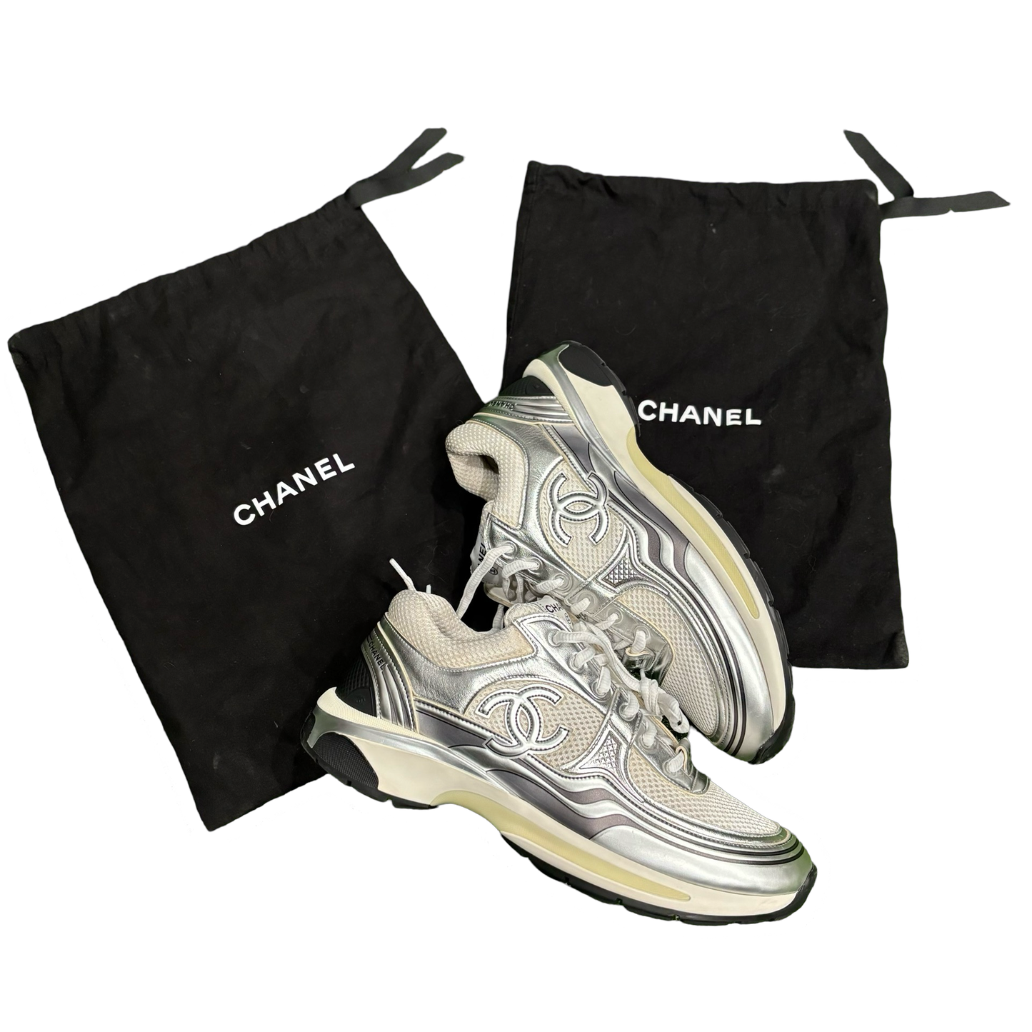 Chanel Silver CC Logo Trainers