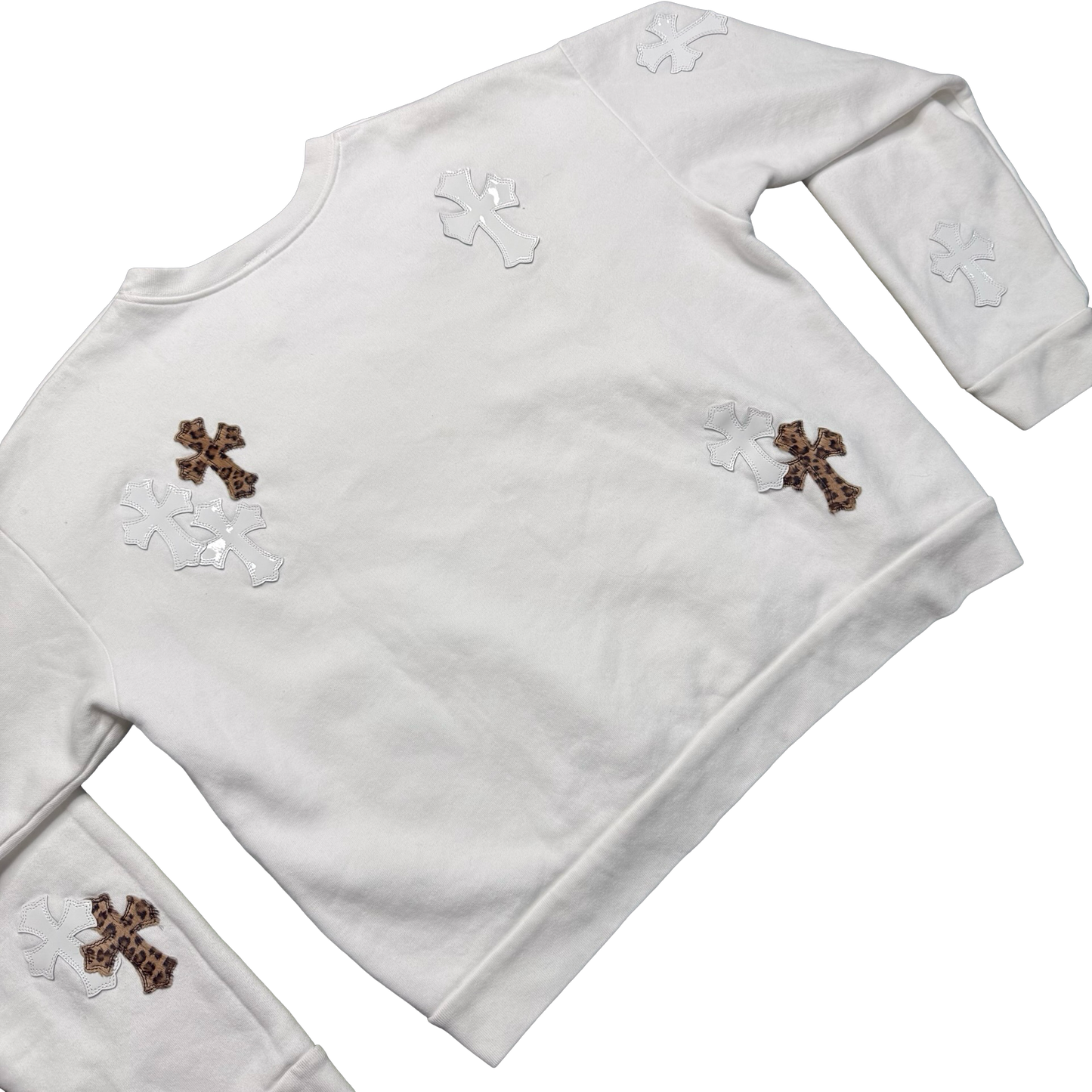 Chrome Hearts White & Leopard Cross Patch Crewneck