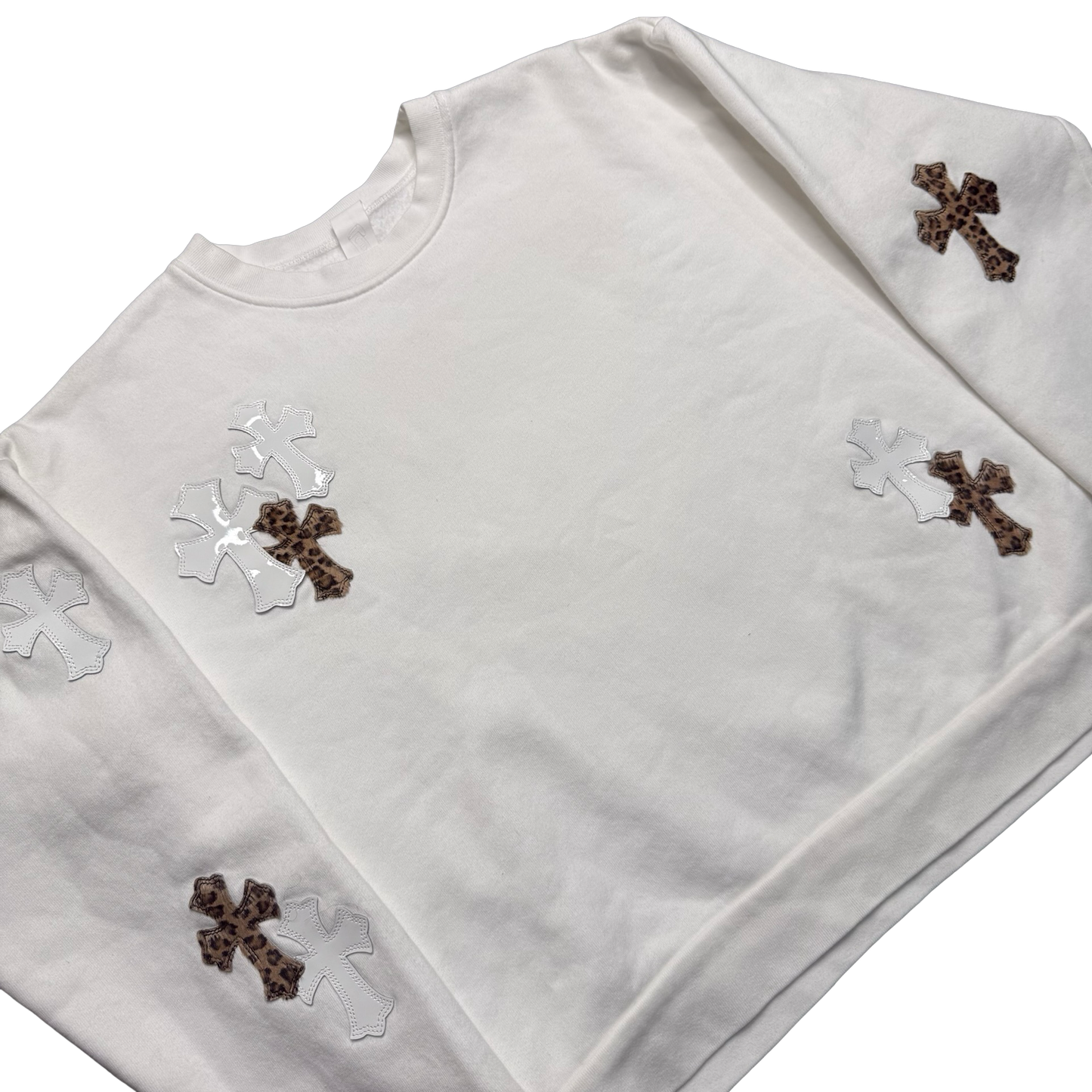 Chrome Hearts White & Leopard Cross Patch Crewneck