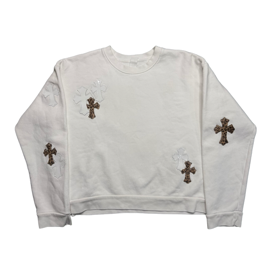 Chrome Hearts White & Leopard Cross Patch Crewneck