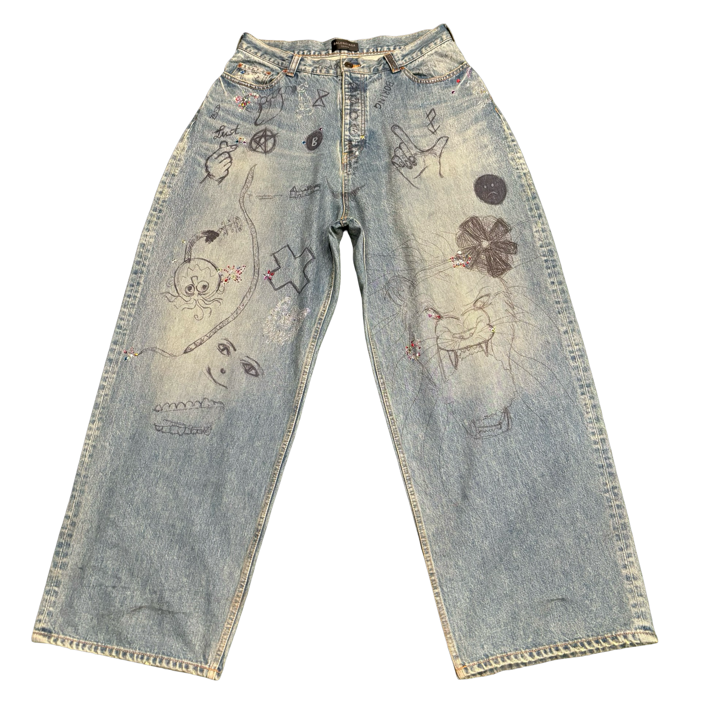 Balenciaga Rhinestone Graffiti Denim Jeans