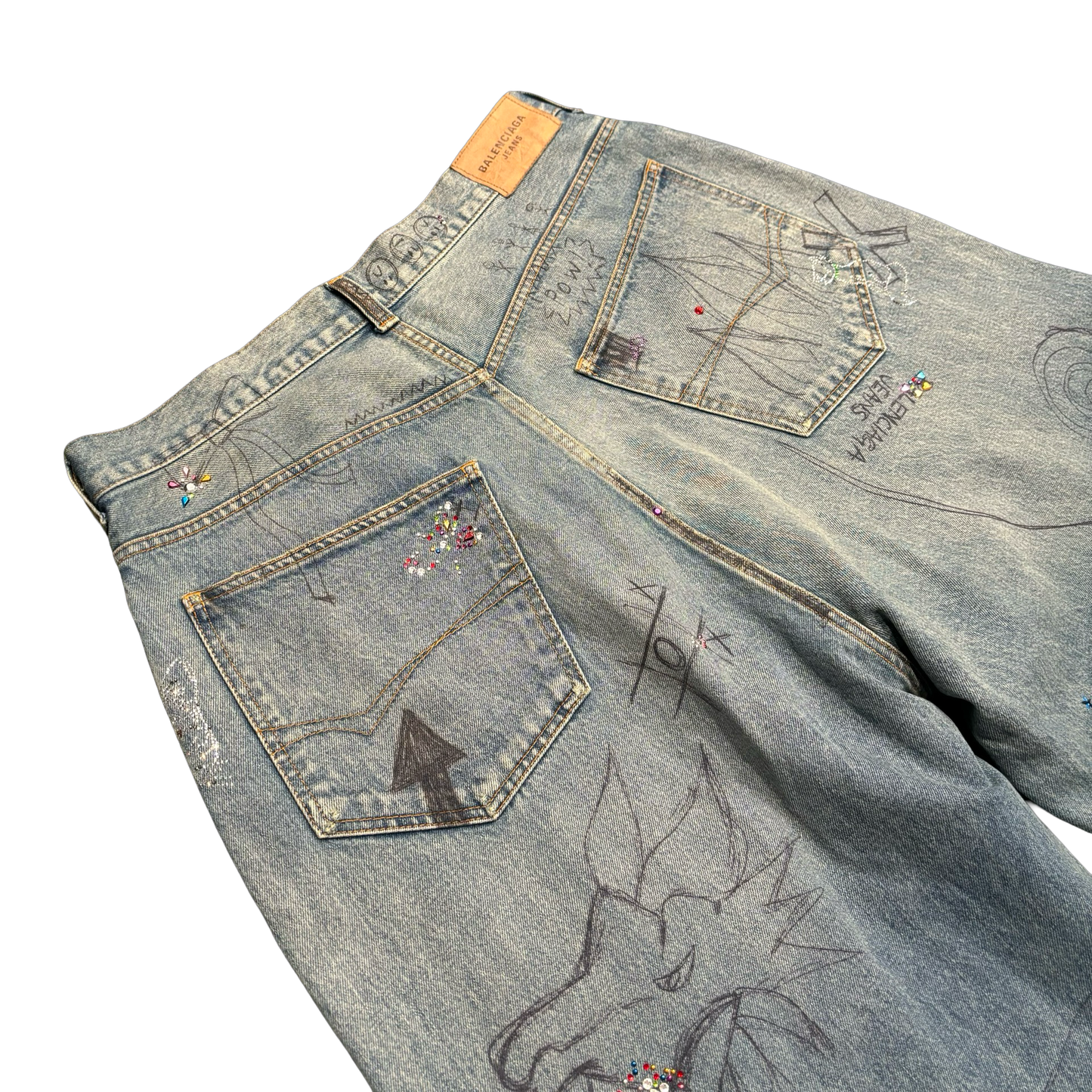 Balenciaga Rhinestone Graffiti Denim Jeans