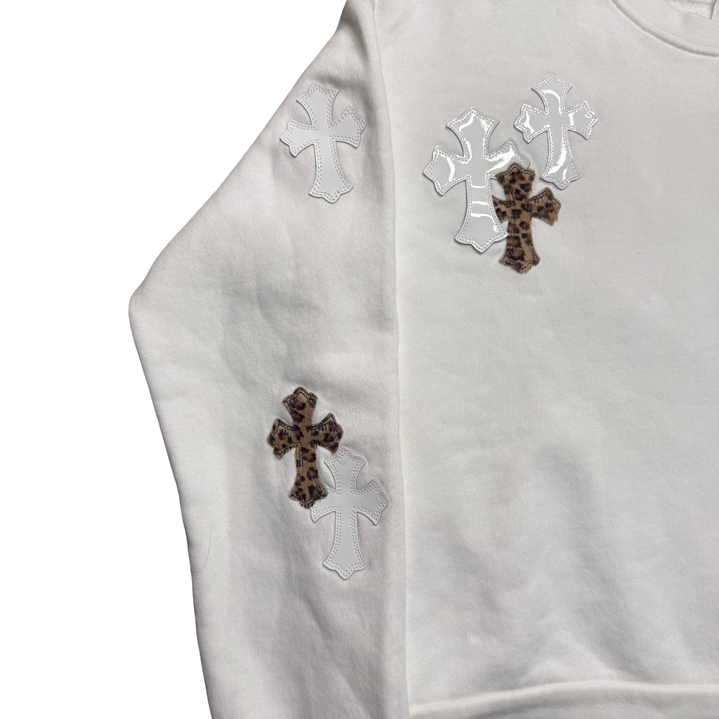 Chrome Hearts White & Leopard Cross Patch Crewneck