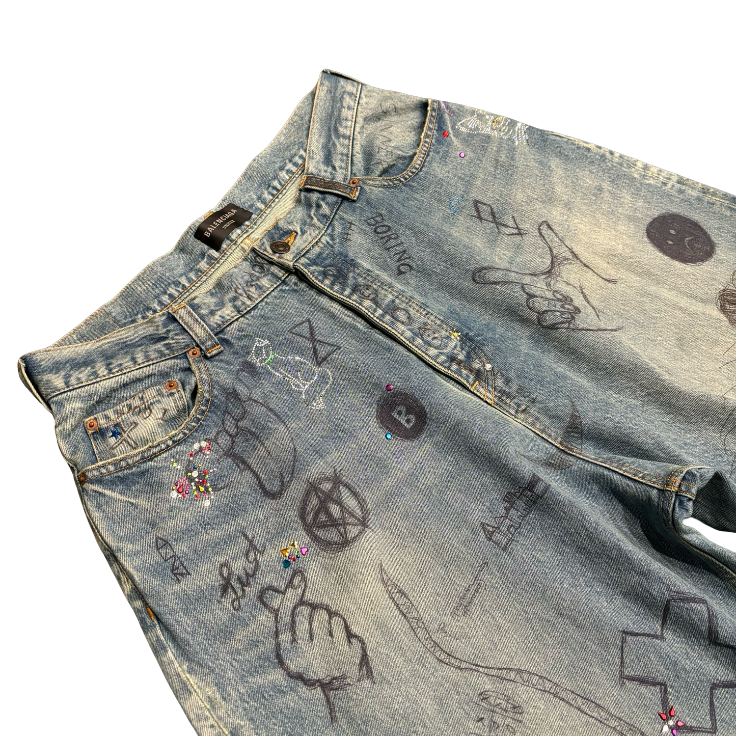Balenciaga Rhinestone Graffiti Denim Jeans