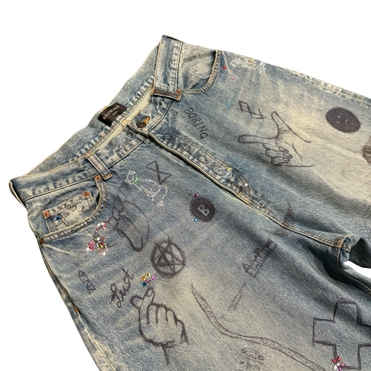 Balenciaga Rhinestone Graffiti Denim Jeans