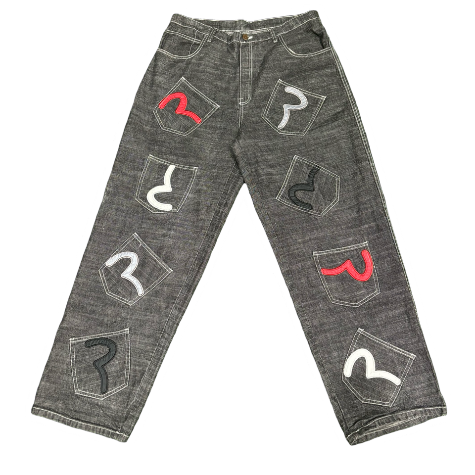 Evisu Grey and Red Multi-Pocket Denim